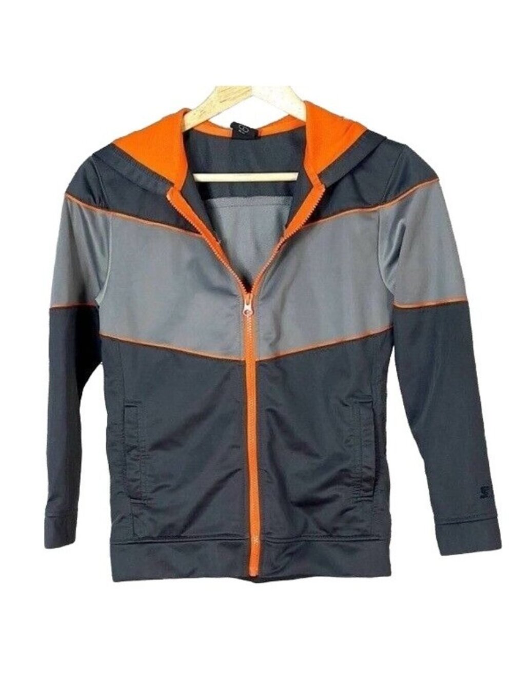 Starter Boys Full Zip Jacket Gray Size 10 Large Orange Color Block Pockets Hood